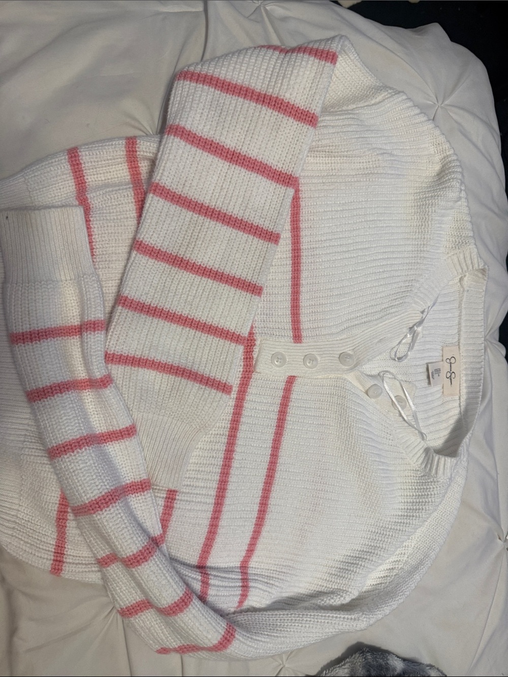 White and Pink Stripe Women’s V-Neck Sweater